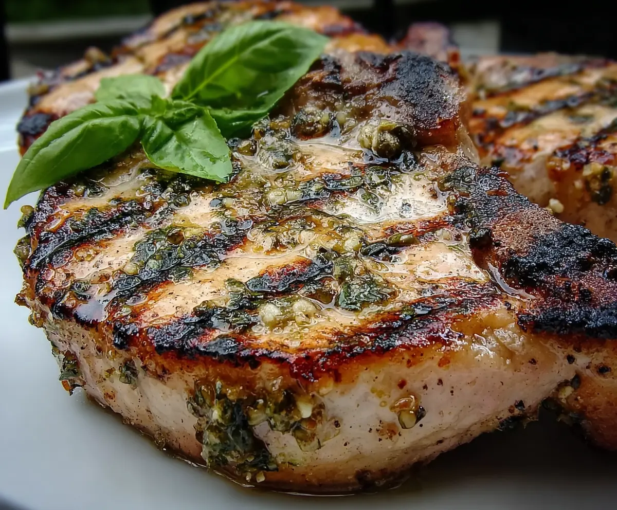 Juicy basil-garlic marinated grilled pork chops served with fresh herbs