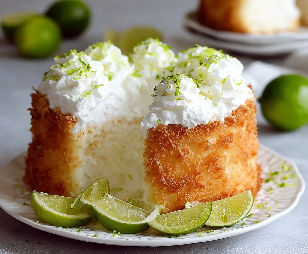 Delicious Key Lime Angel Food Cake topped with fresh lime slices and whipped cream