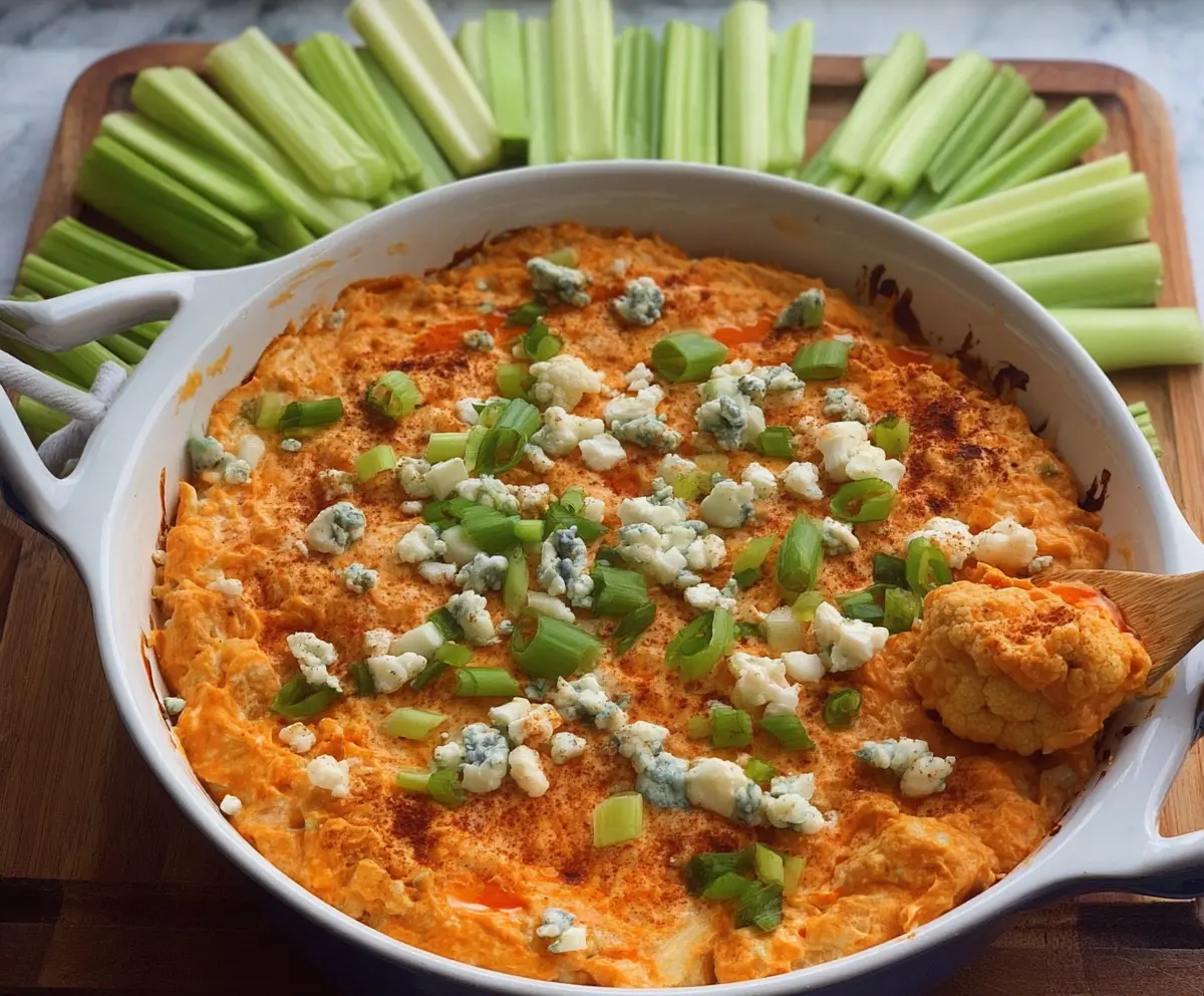 Creamy Buffalo Cauliflower Dip served with fresh vegetables for a spicy vegetarian appetizer.