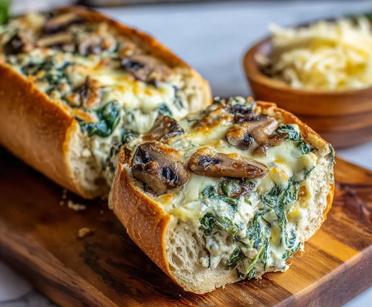 Delicious Cheesy Spinach, Artichoke, and Mushroom Stuffed Baguette for a flavorful appetizer.