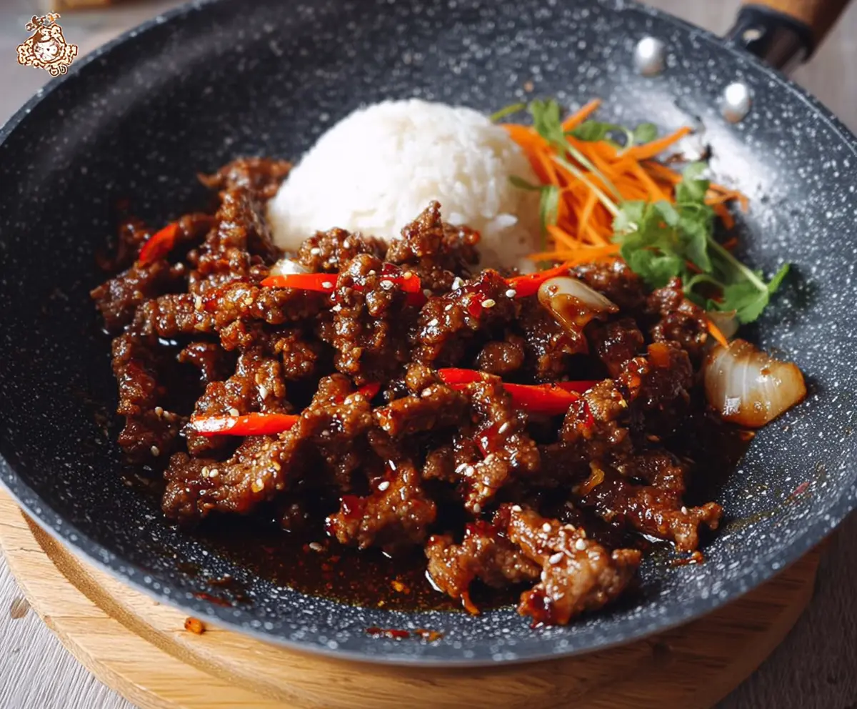 Delicious crispy chilli beef garnished with green onions on a white plate