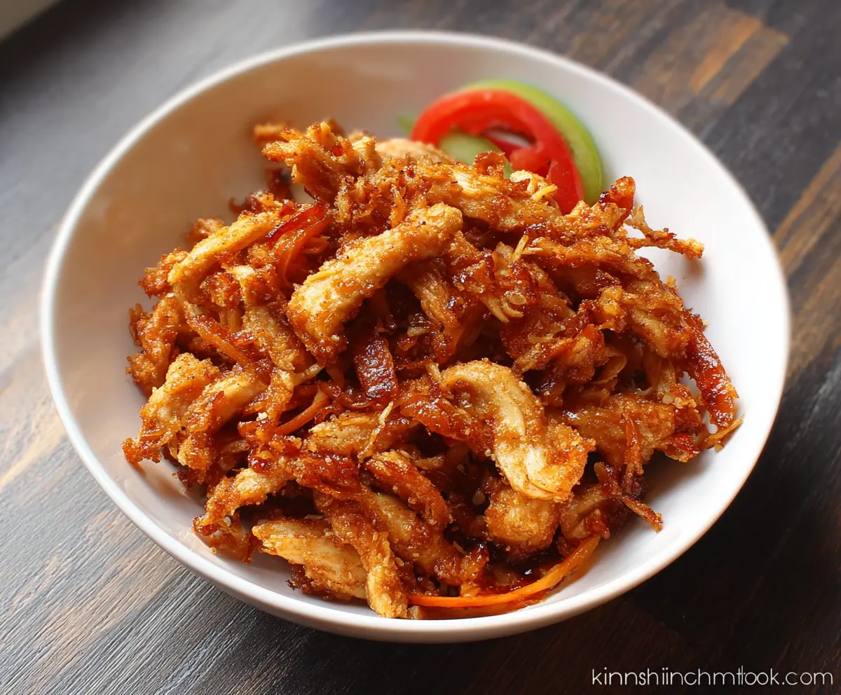 Crispy shredded chicken on a plate garnished with herbs, perfect for savory meals.