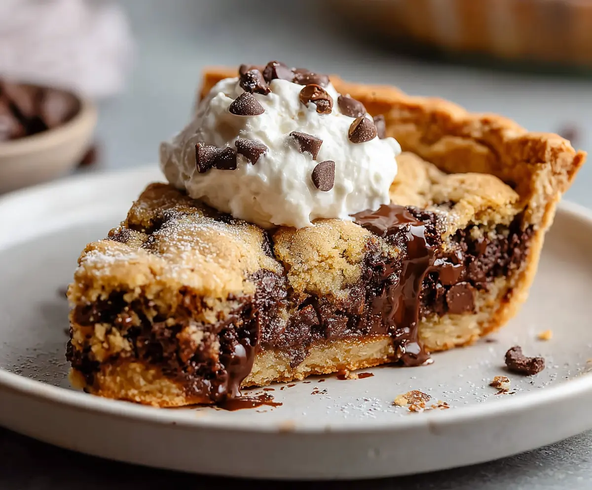 Delicious homemade chocolate chip cookie pie with gooey chocolate chunks and golden crust.