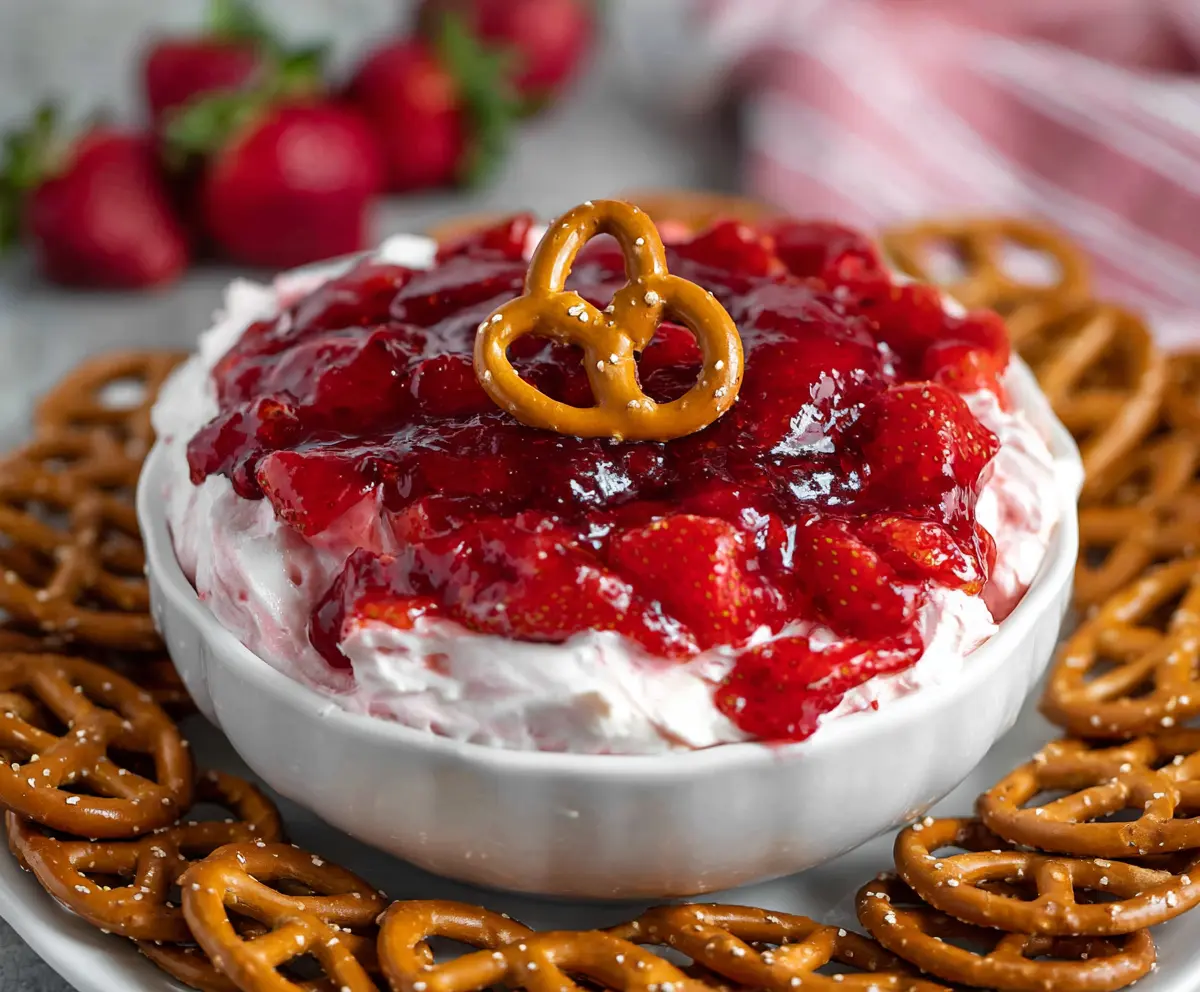 Delicious Easy Strawberry Pretzel Salad Dip served in a clear glass bowl, topped with fresh strawberries and mint leaves.