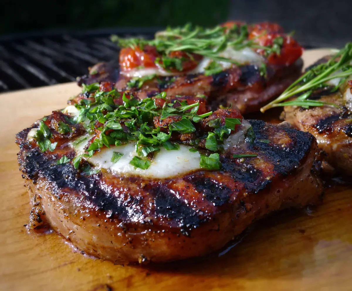 Juicy grilled Italian pork chops with herbs and spices served on a platter.