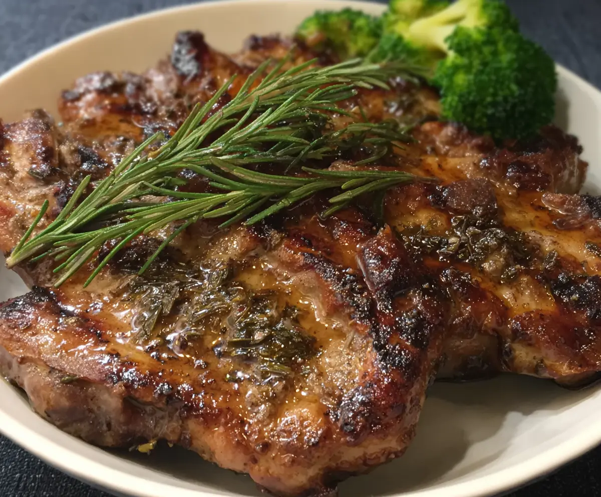 Juicy grilled rosemary pork chops served on a plate, perfect for a flavorful dinner.