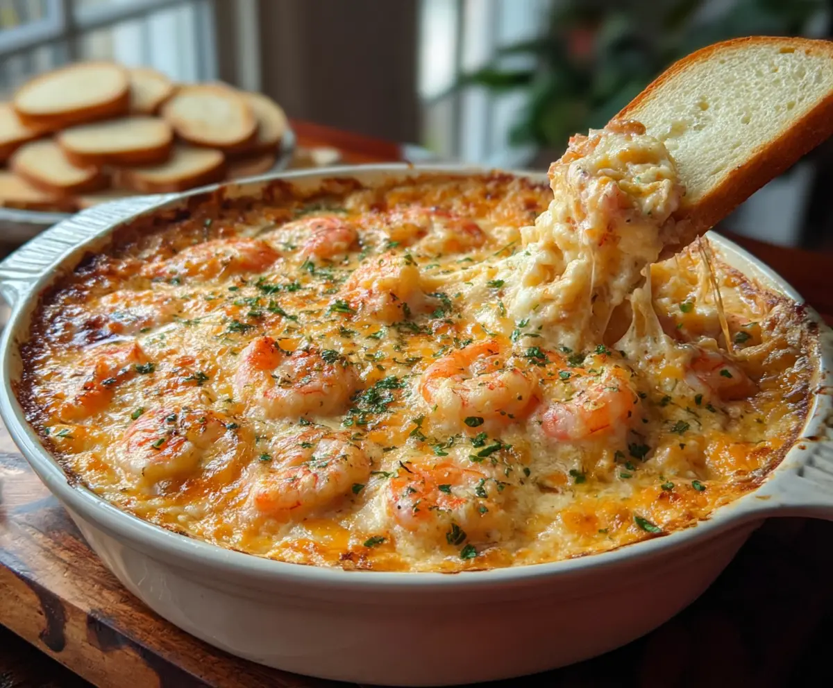 Delicious cheesy shrimp and crab bake dip served with fresh vegetables for appetizer or party snack.
