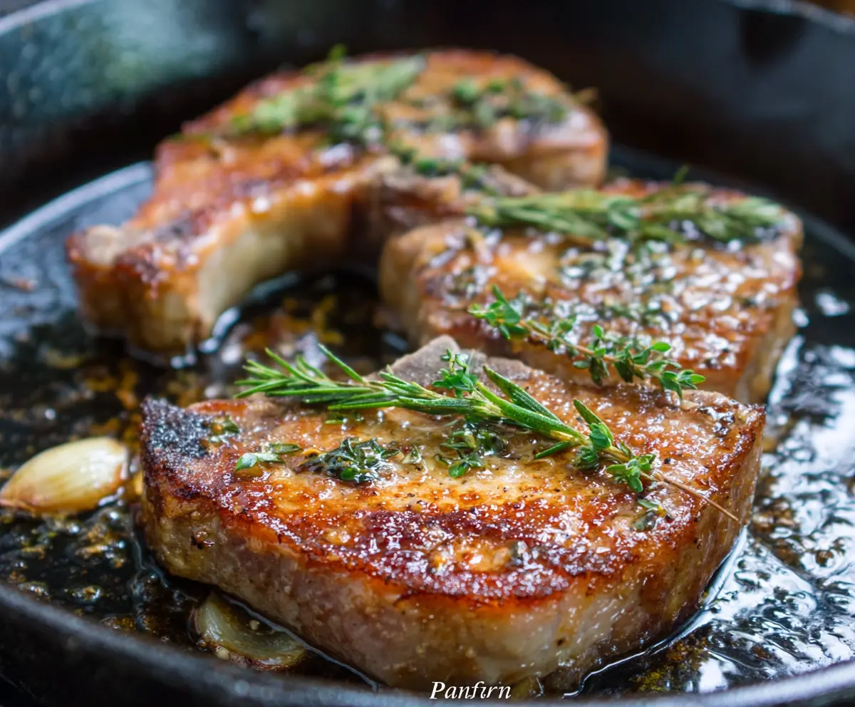 Juicy pan roasted pork chops with crispy edges served on a wooden platter