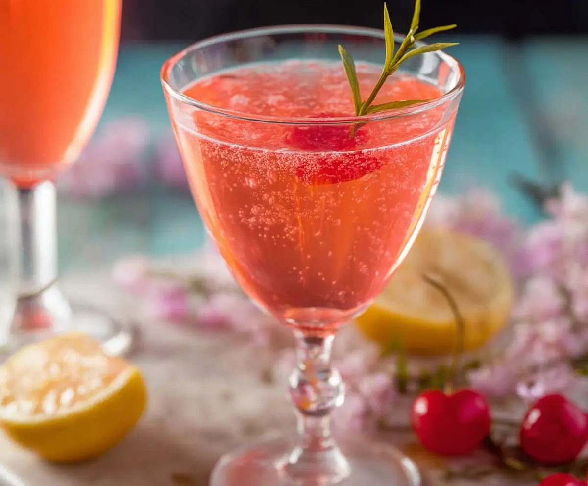 Elegant Pink Champagne Cocktail served in a flute glass with a cherry garnish for a festive celebration.