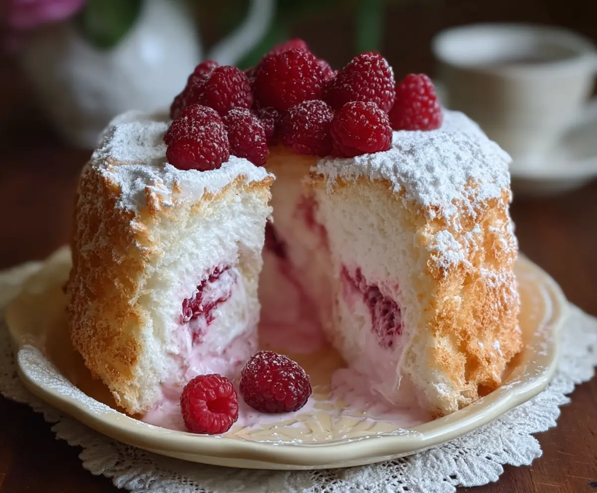 Delicious Raspberry Angel Food Cake topped with fresh raspberries and whipped cream.
