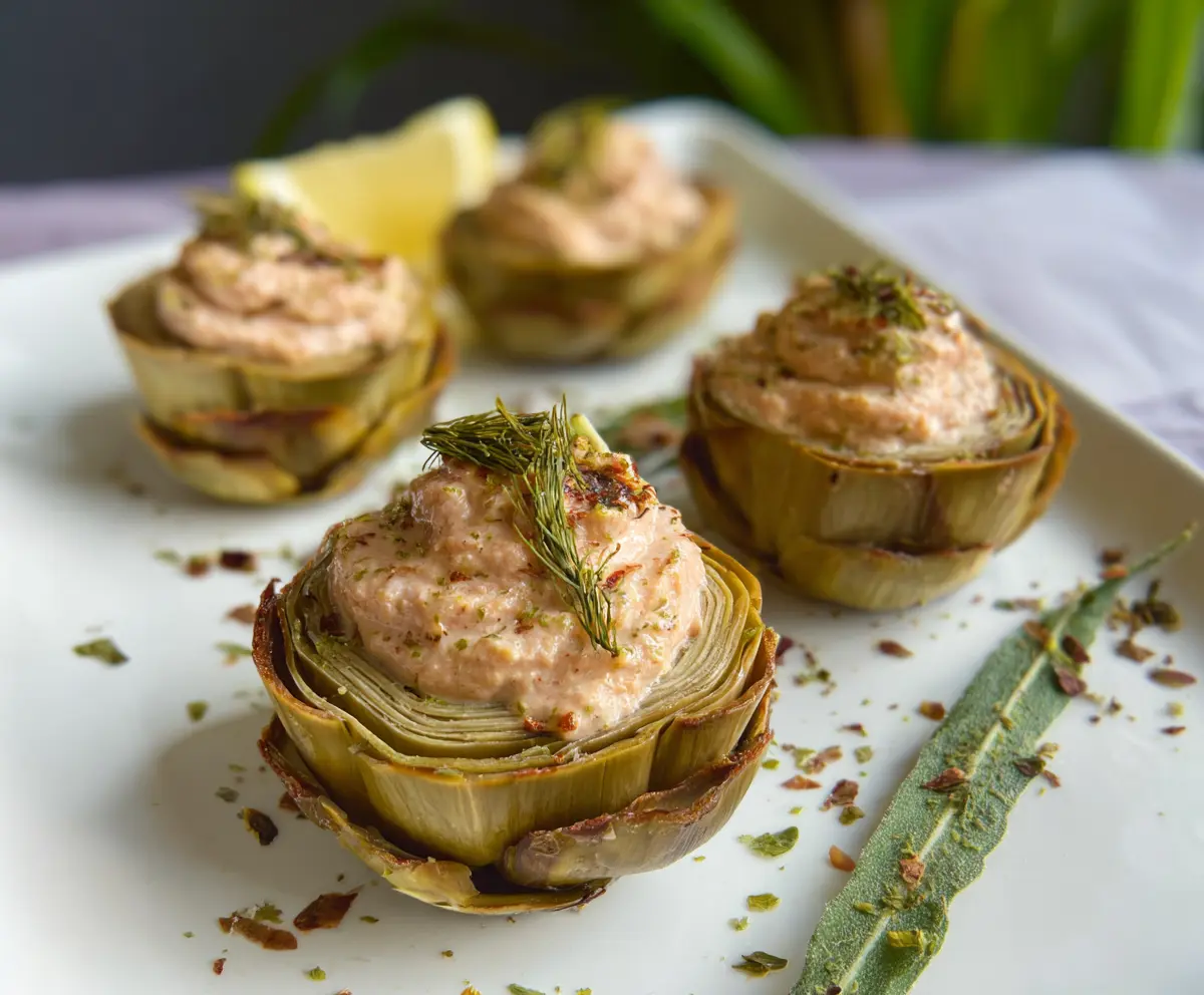 Delicious Salmon Patê Stuffed Artichokes served as an elegant appetizer.
