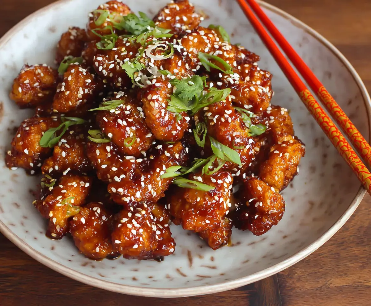 Delicious sesame chicken stir-fry with crispy coating and sprinkled sesame seeds on a plate.