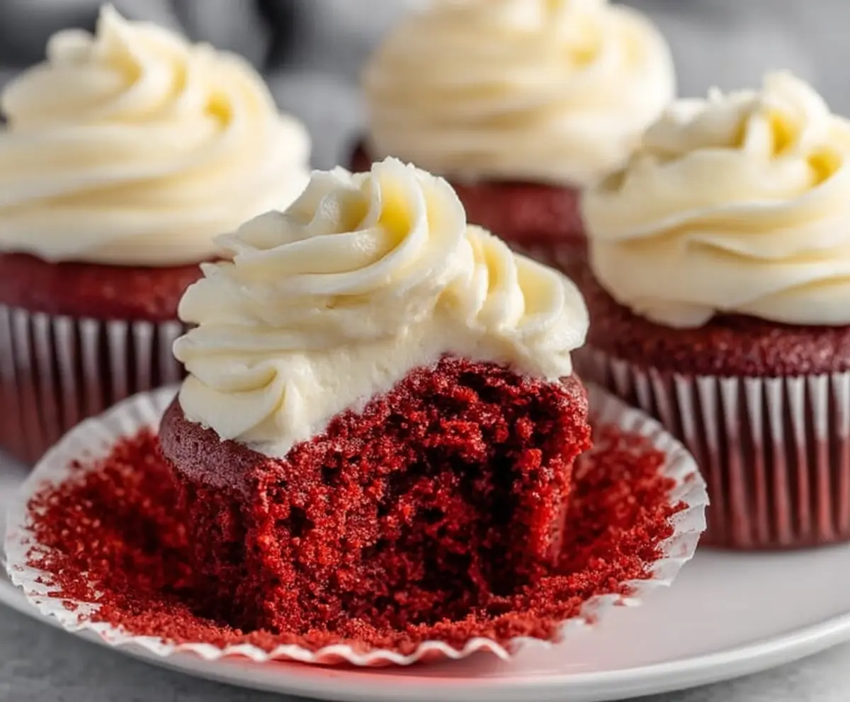 Delicious small batch red velvet cupcakes with cream cheese frosting on a decorative plate.