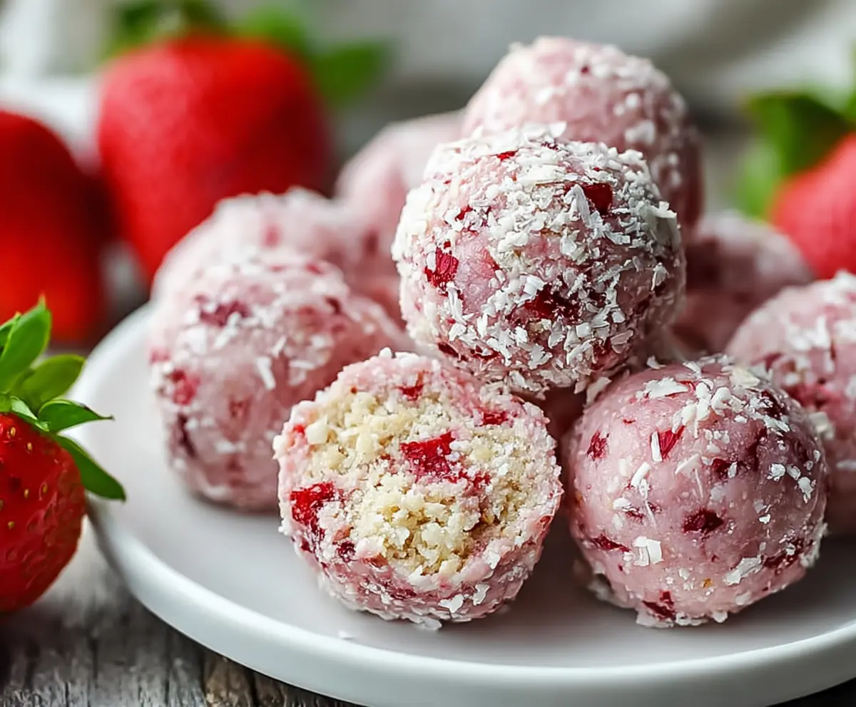 Healthy strawberry cheesecake protein balls in a glass bowl, perfect for a nutritious snack.