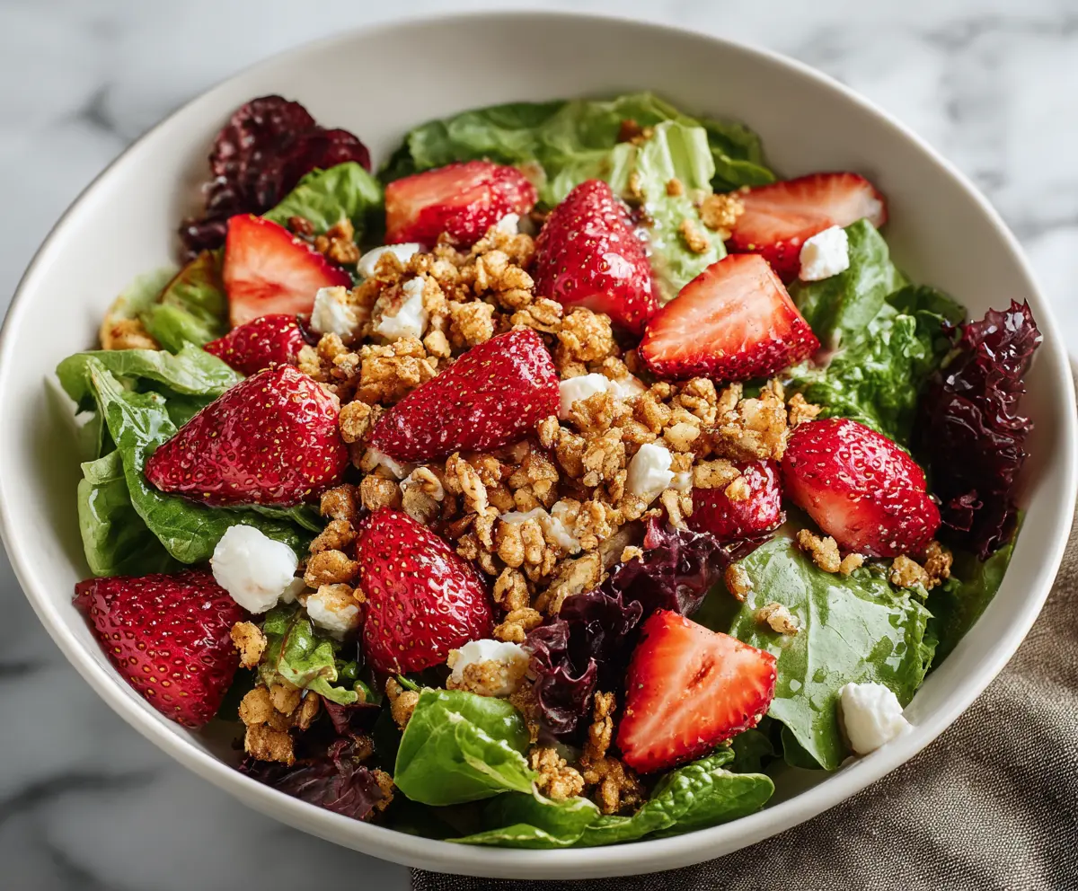 Delicious Strawberry Crunch Salad with fresh strawberries, crunchy toppings, and refreshing greens