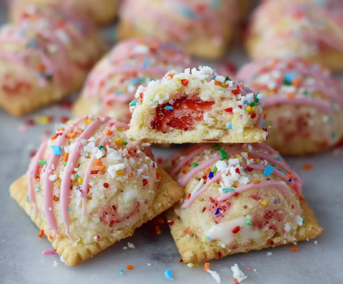 Delicious strawberry pop tart cookies with a golden-brown crust and vibrant strawberry filling.