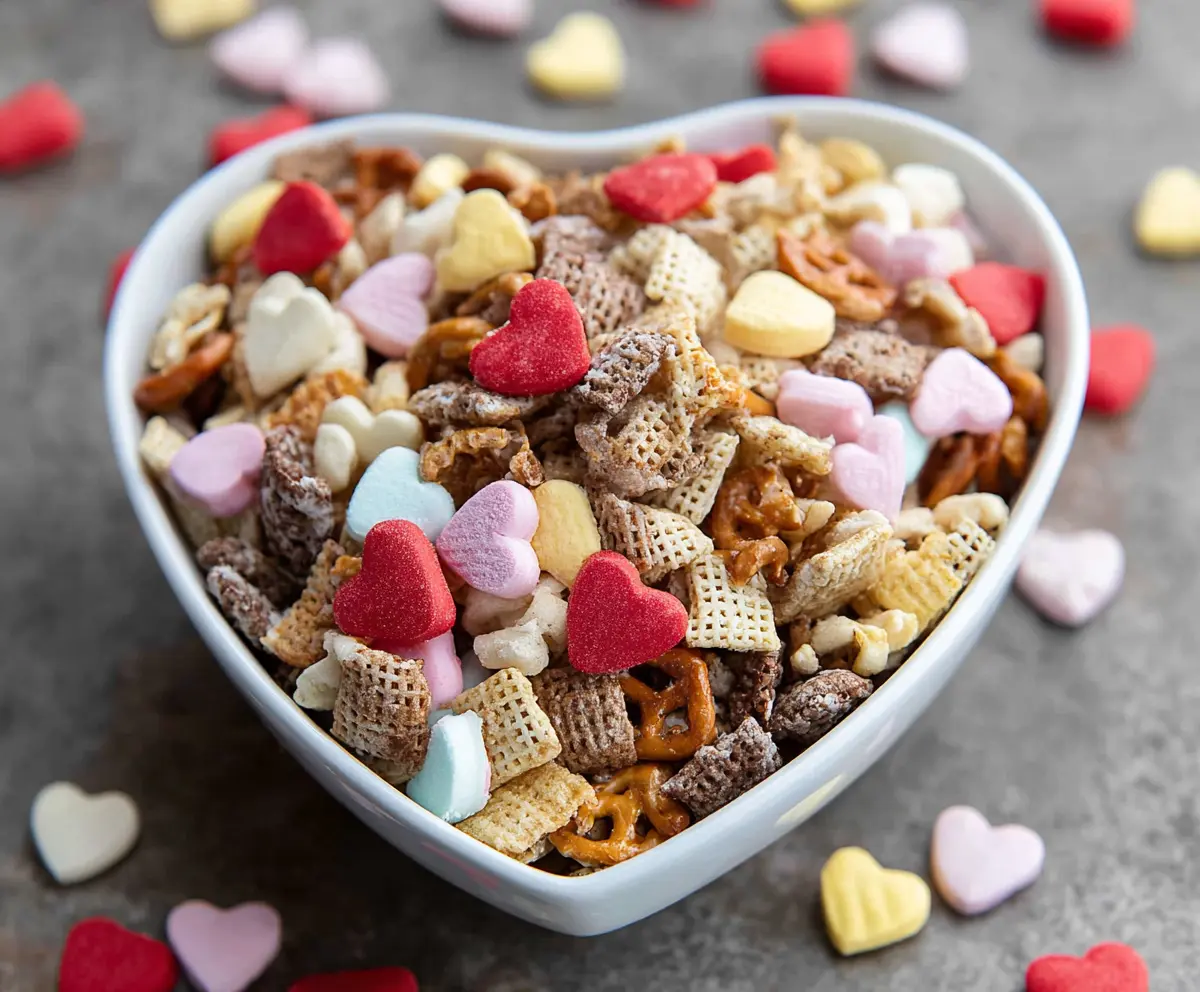 Delicious Valentine Chex Mix with pink and red candies perfect for Valentine's Day celebrations.
