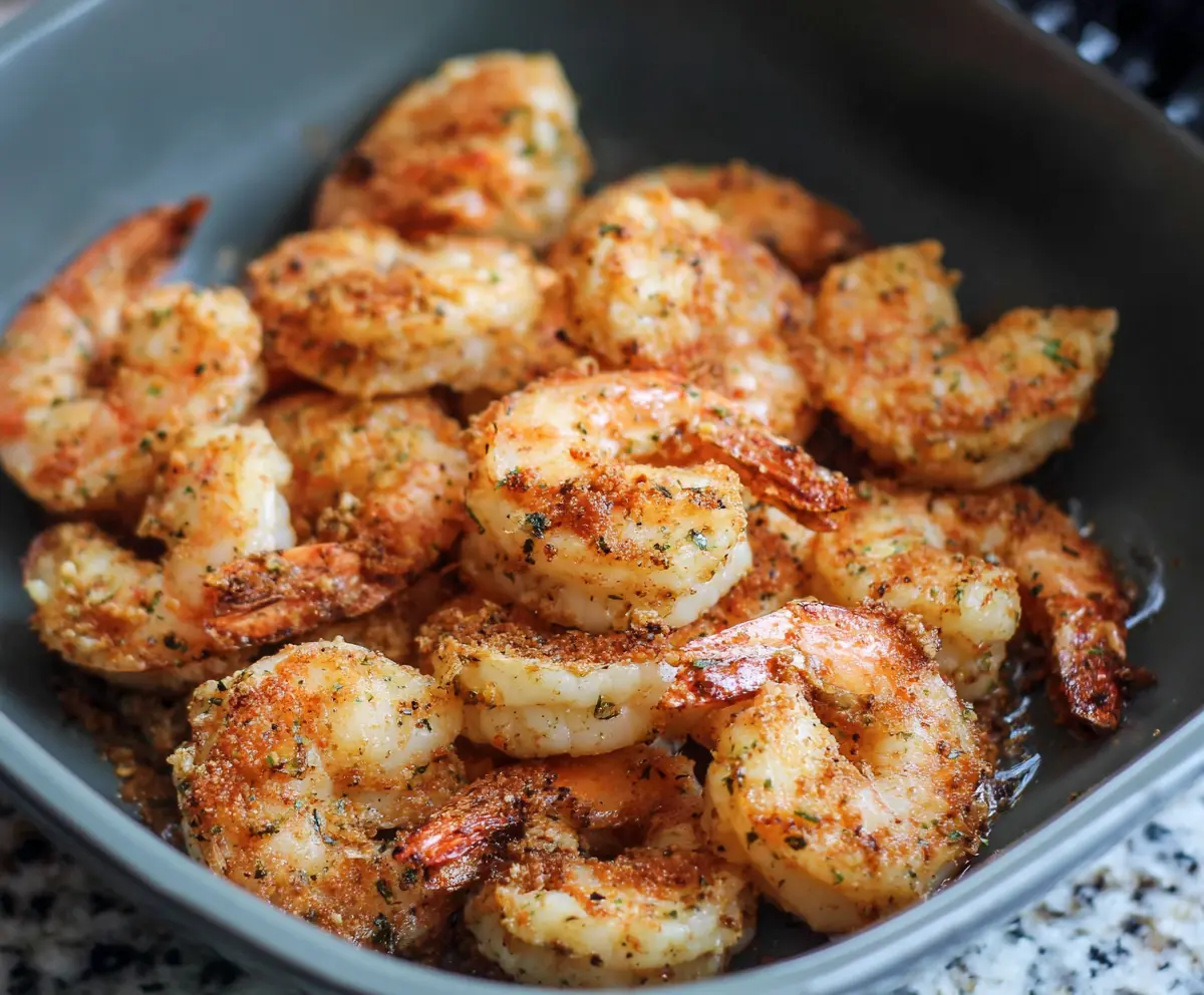Crispy air fryer shrimp served with lemon wedges on a white plate