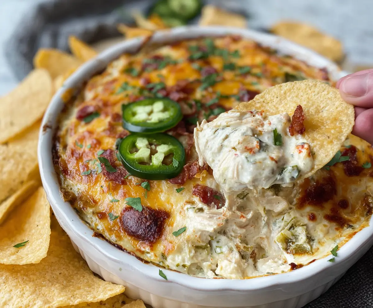 Delicious Baked Chuy's Jalapeno Chicken Dip served hot with fresh tortilla chips