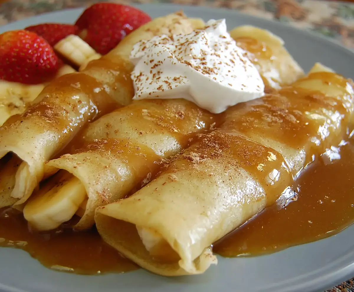 Delicious banana crepes topped with fresh banana slices and powdered sugar on a white plate.