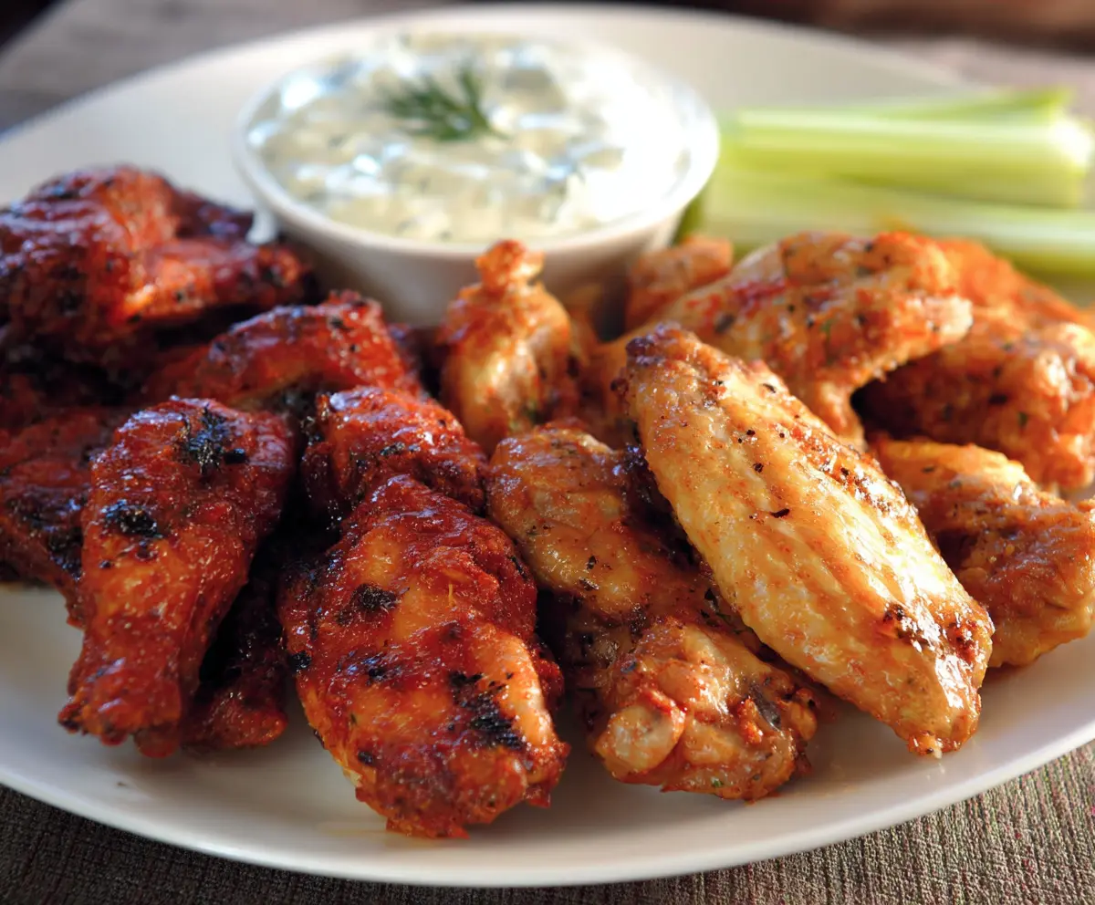 Crispy buffalo wings coated in spicy buffalo sauce served with celery sticks