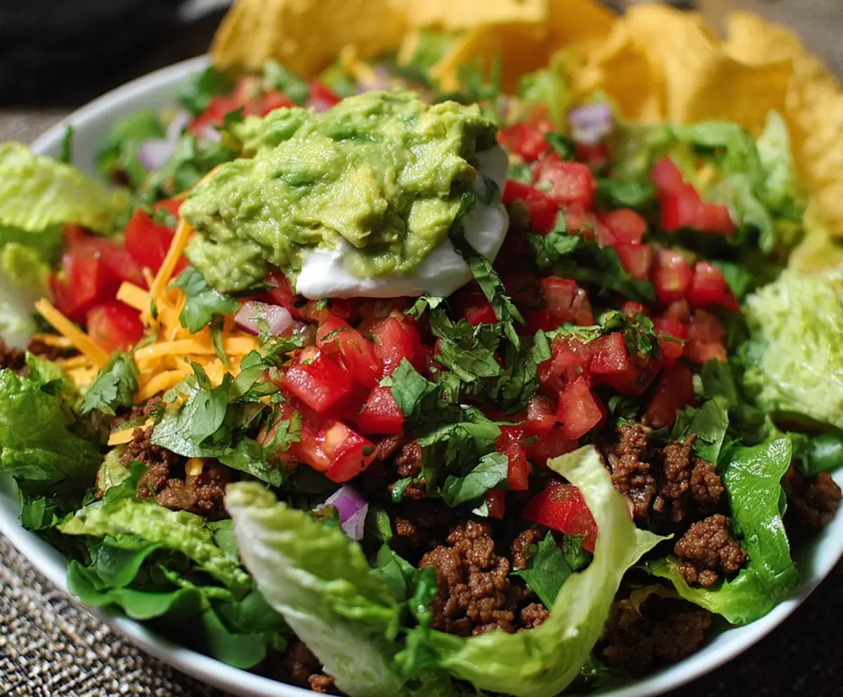 Colorful Cinco de Mayo taco salad with fresh vegetables and seasoned ground beef in a vibrant bowl.