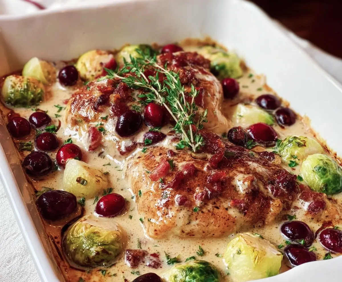 Creamy Cranberry Chicken dish served with fresh herbs and vibrant cranberry sauce.