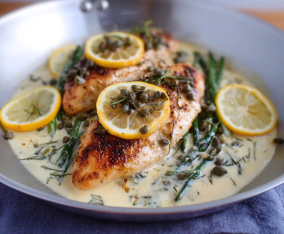 Creamy Lemon Caper Chicken garnished with fresh herbs on a white plate
