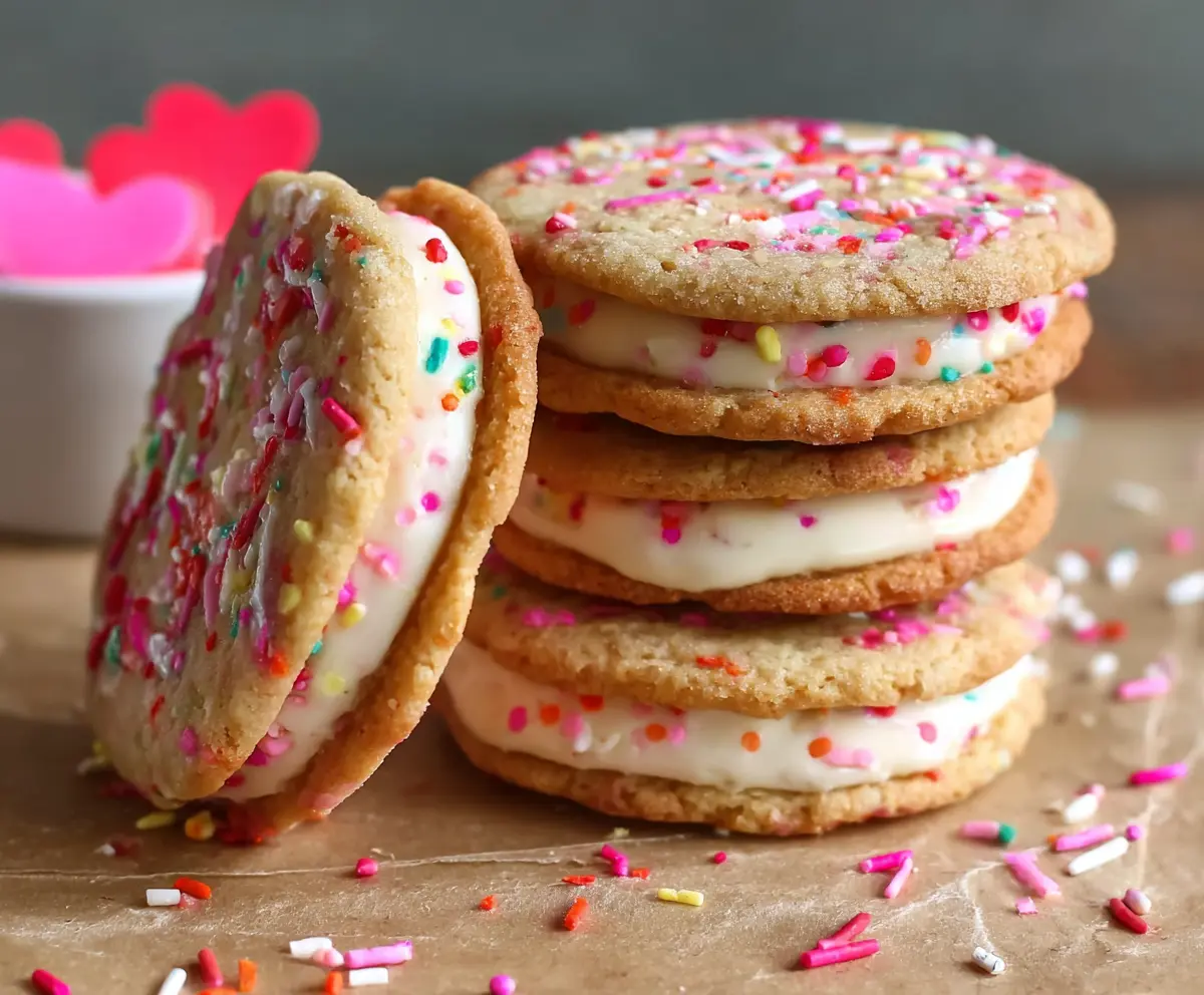 Colorful Funfetti Cheesecake Sandwich Cookies with sprinkles and creamy filling.