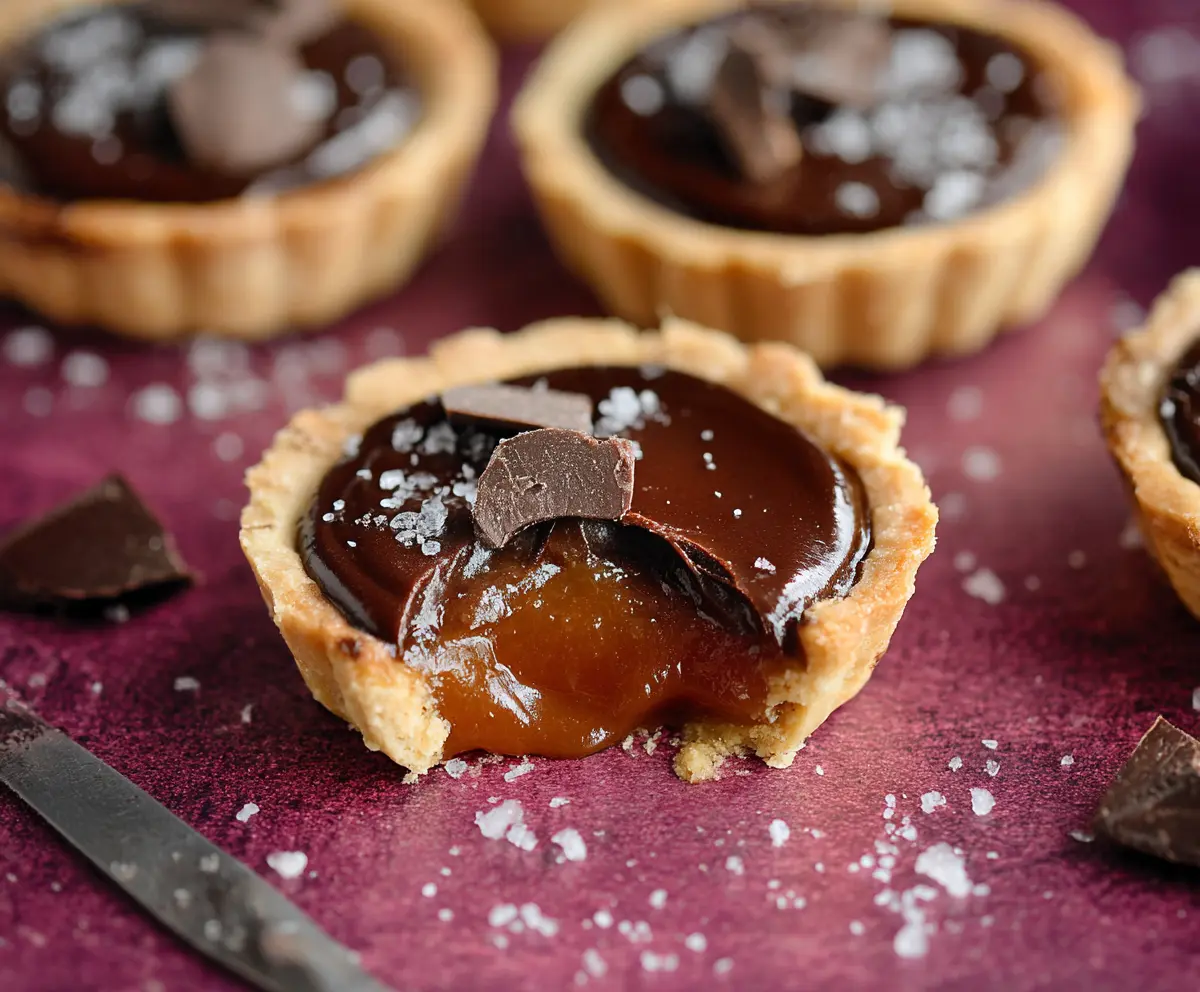 Delicious gluten-free dark chocolate caramel tart sliced open showcasing rich chocolate and smooth caramel filling.
