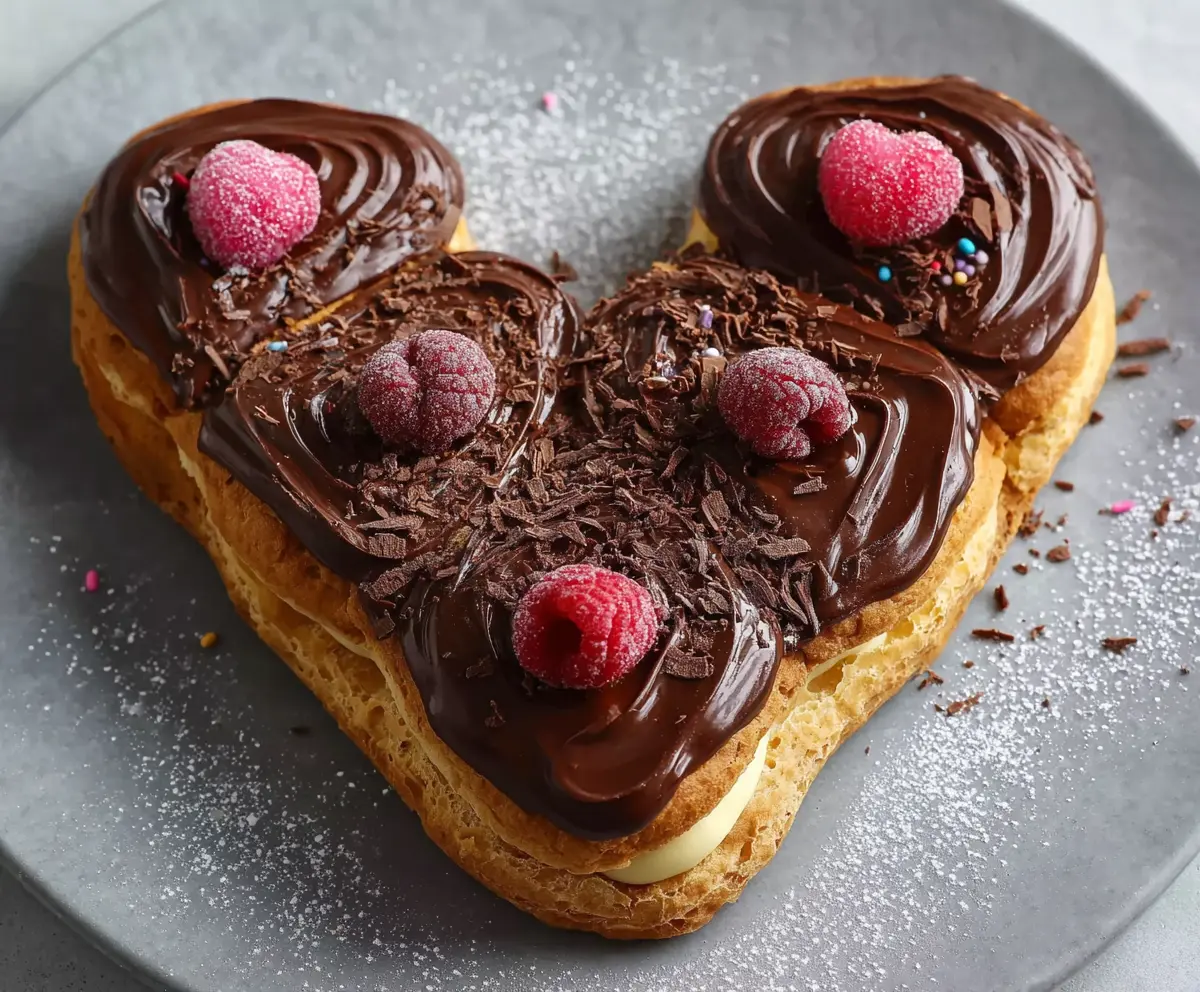 Delicious heart-shaped chocolate éclairs filled with creamy filling and topped with shiny chocolate glaze.