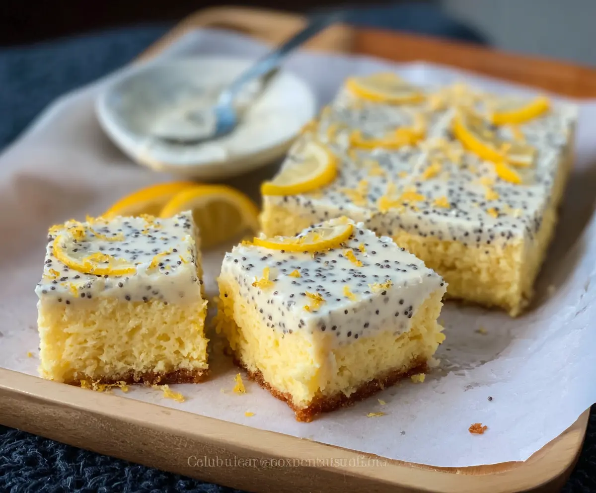 Keto Lemon Poppy Seed Cottage Cheese Bars on a plate with fresh lemon slices