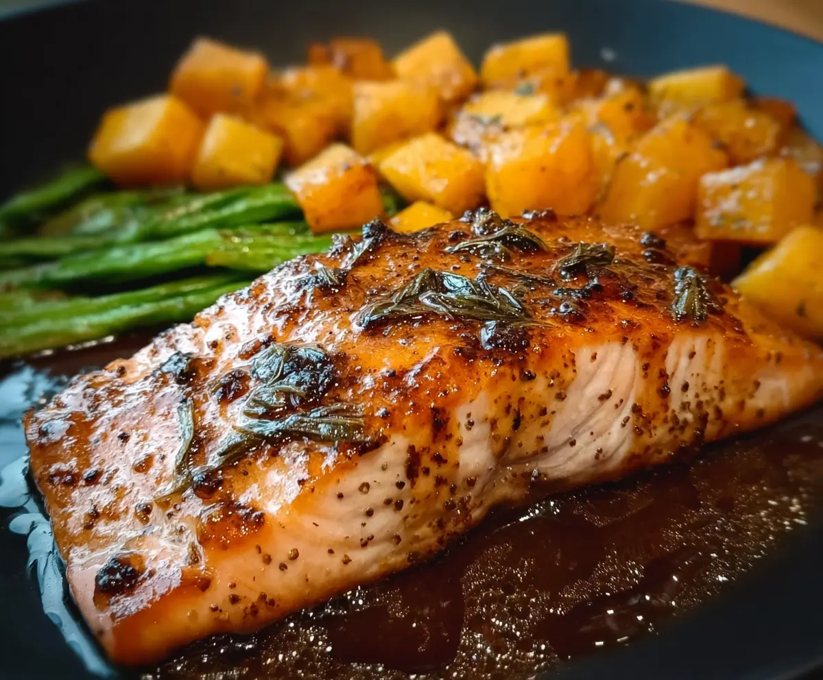 Delicious maple glazed salmon fillet garnished with fresh herbs on a rustic plate.