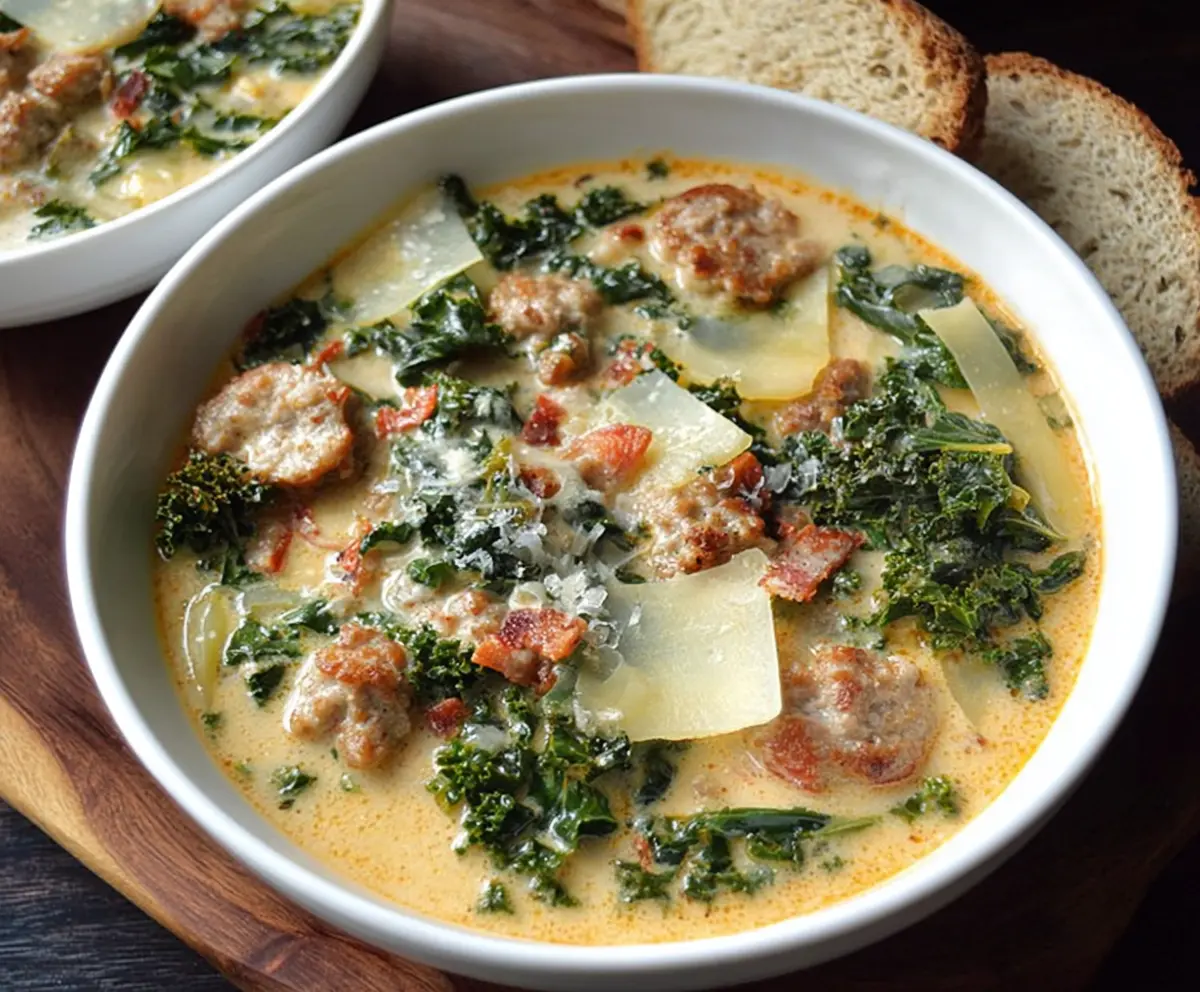 Delicious Paleo Creamy Dreamy Sausage and Kale Soup served in a bowl with fresh ingredients.