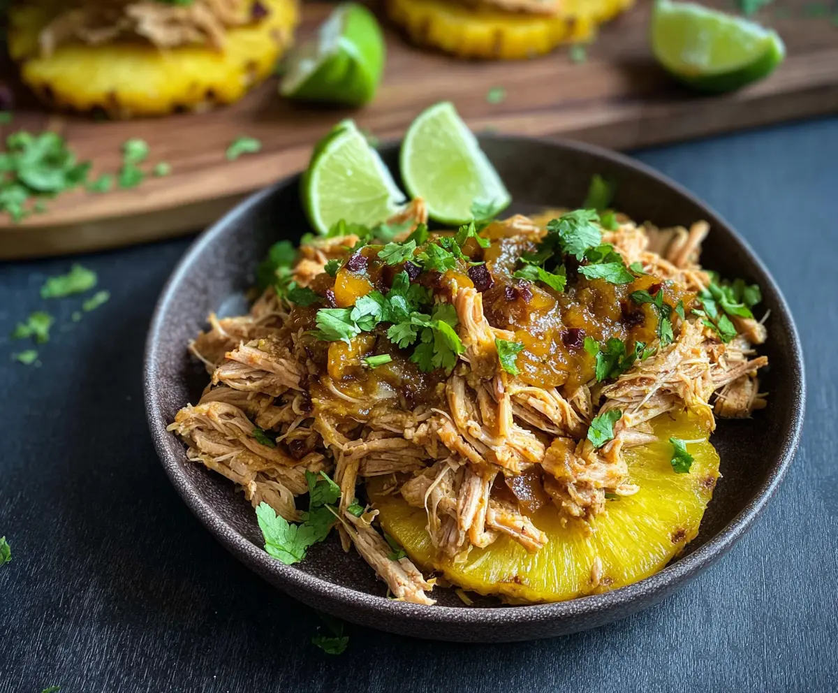 Delicious Pineapple Thai Pulled Pork served on a plate with fresh herbs and pineapple slices.