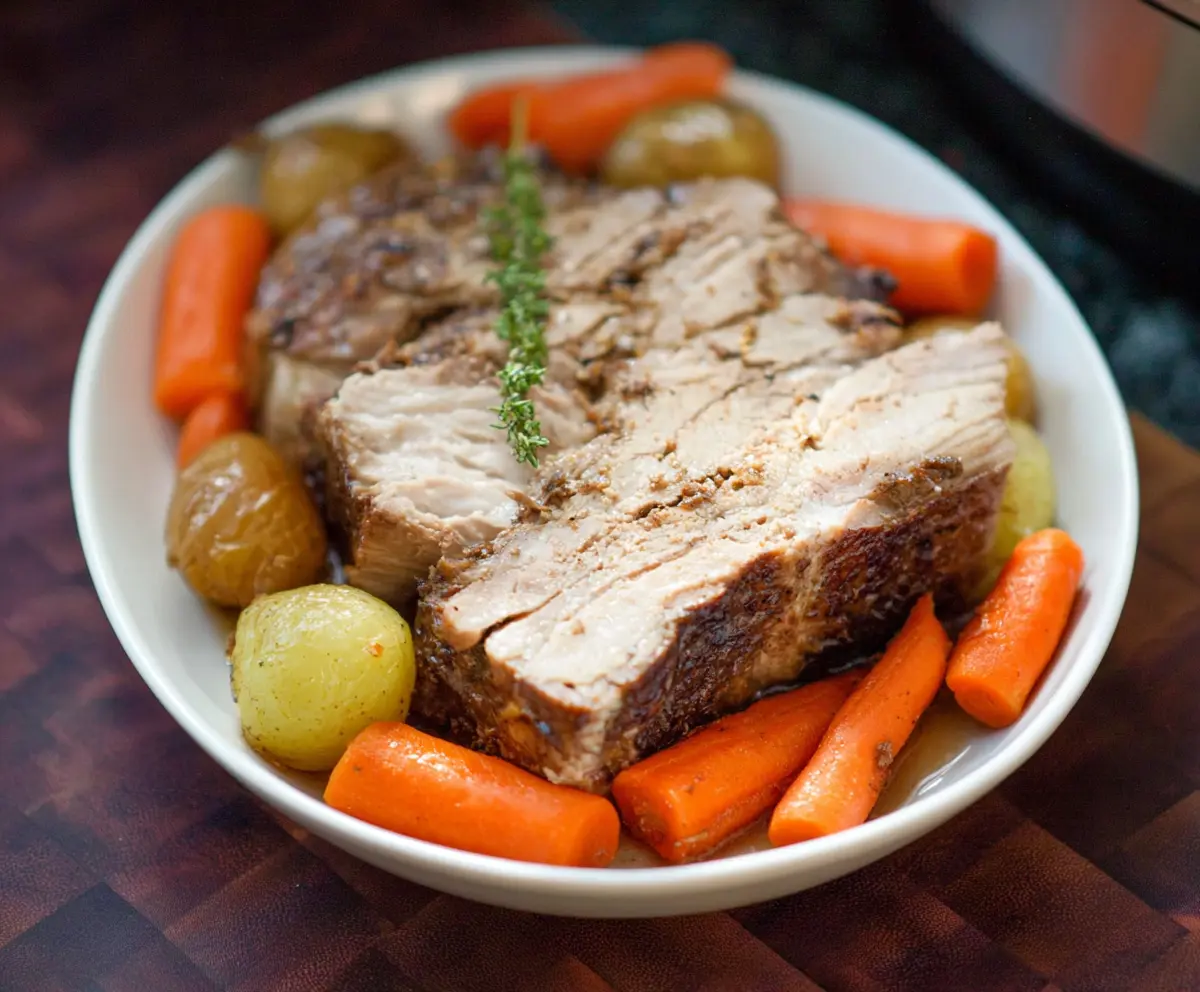 Tender Pressure Cooker Pork Roast served with roasted vegetables and herbs