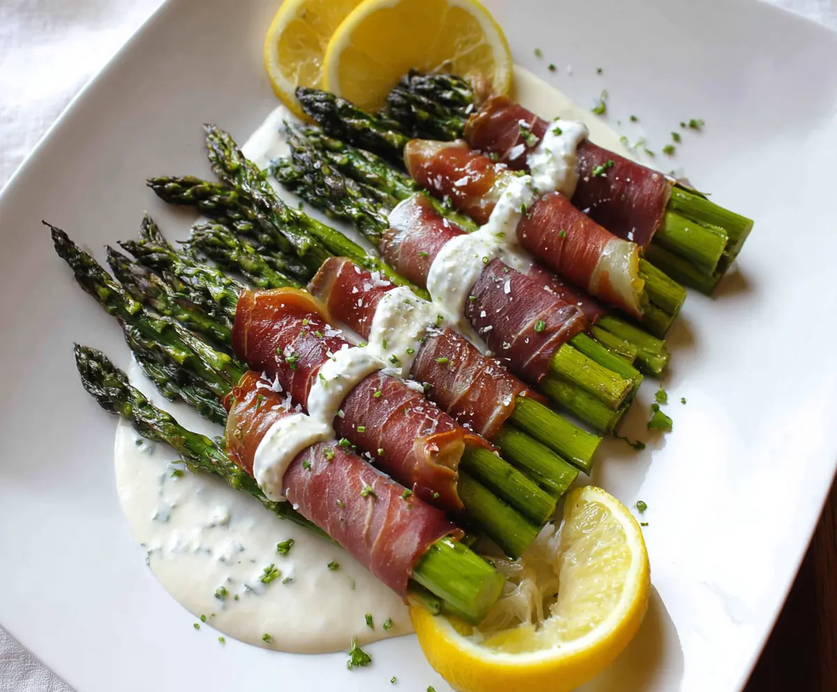 Delicious prosciutto-wrapped asparagus served with a zesty lemon cream sauce on a white plate.