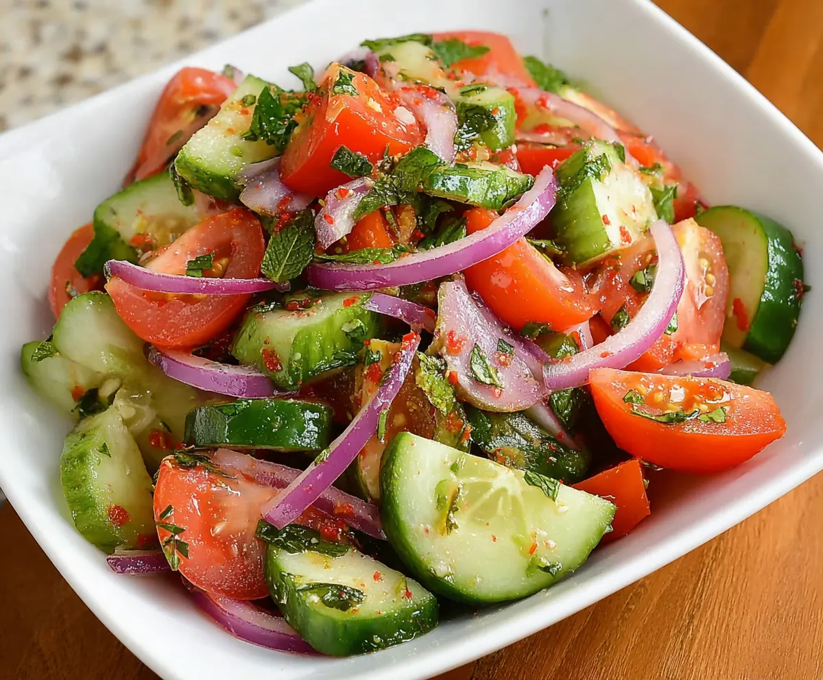 Refreshing cucumber, tomato, and red onion salad perfect for summer meals.