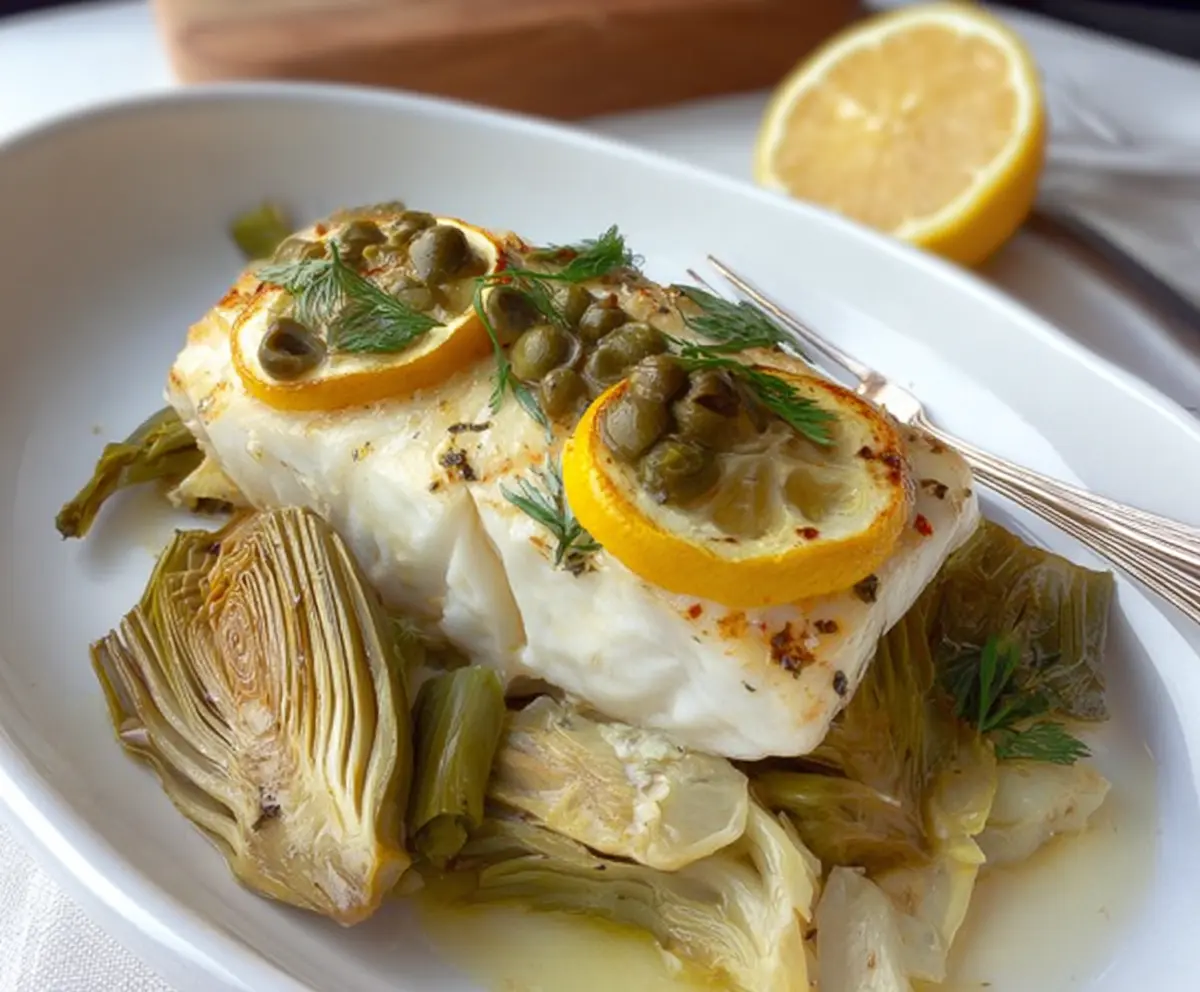 Roasted Halibut With Artichokes And Lemon