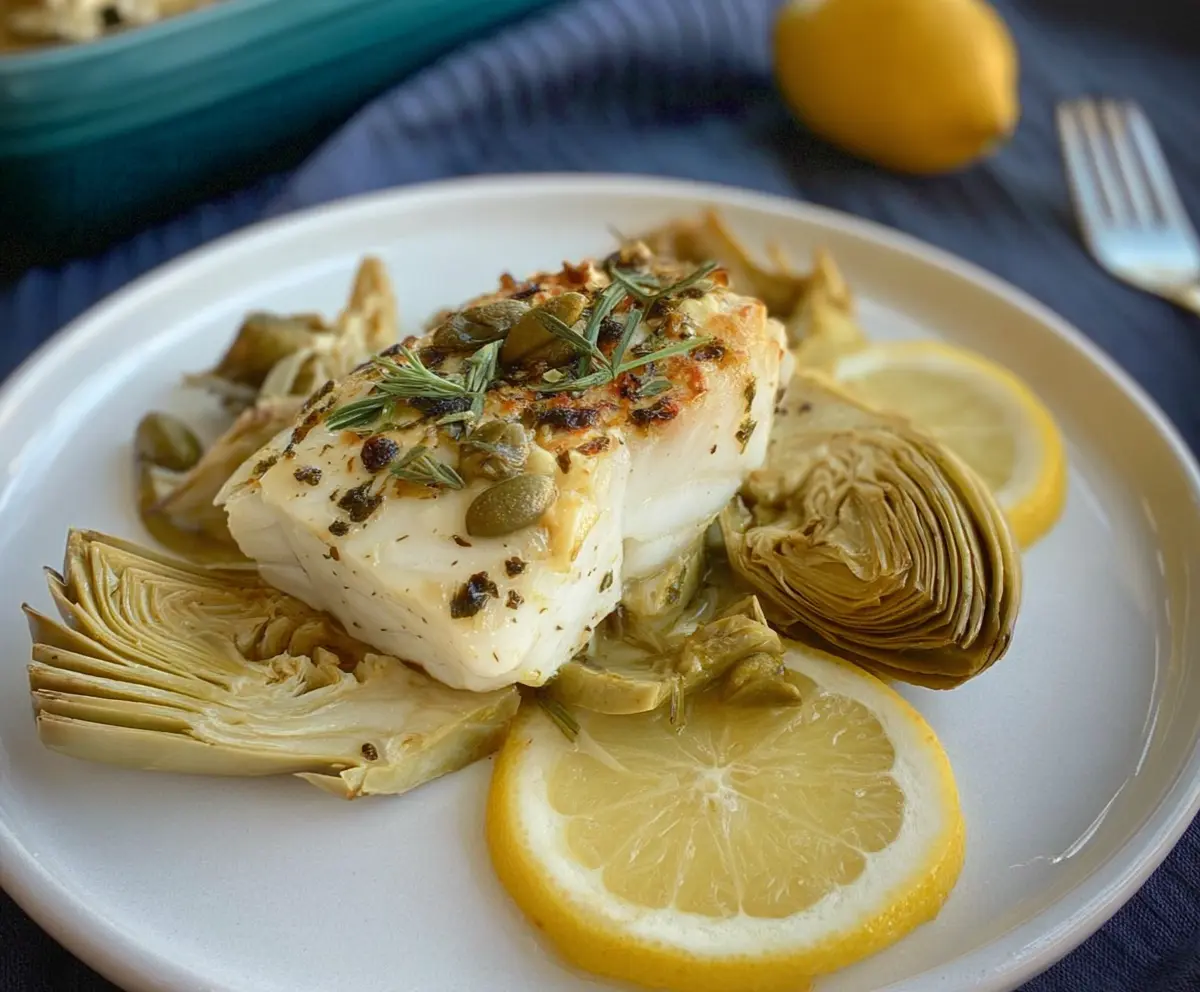 Delicious roasted halibut with artichokes and lemon on a plate, perfect for a healthy seafood dinner.
