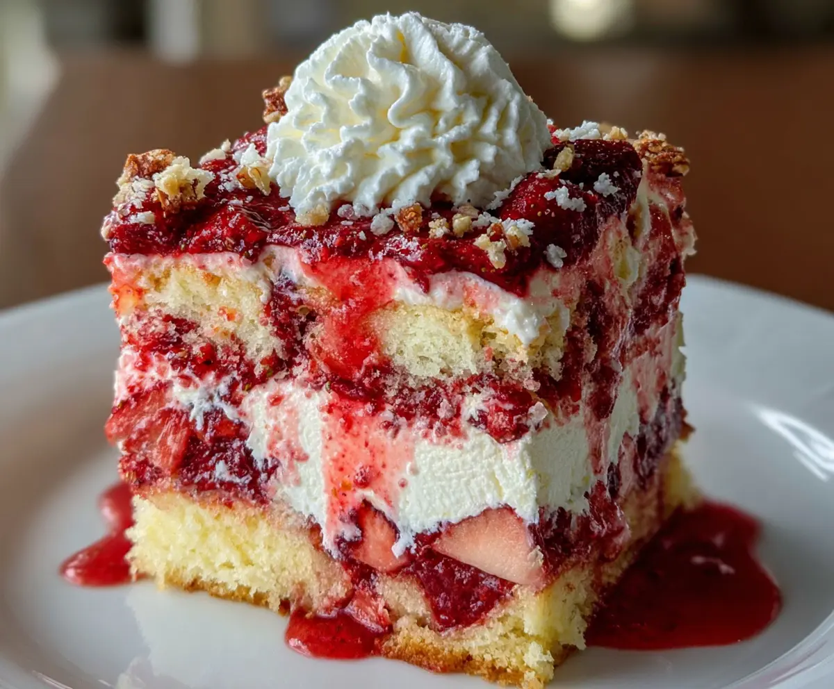 Delicious Strawberry Earthquake Cake with strawberry topping and layered cake slices