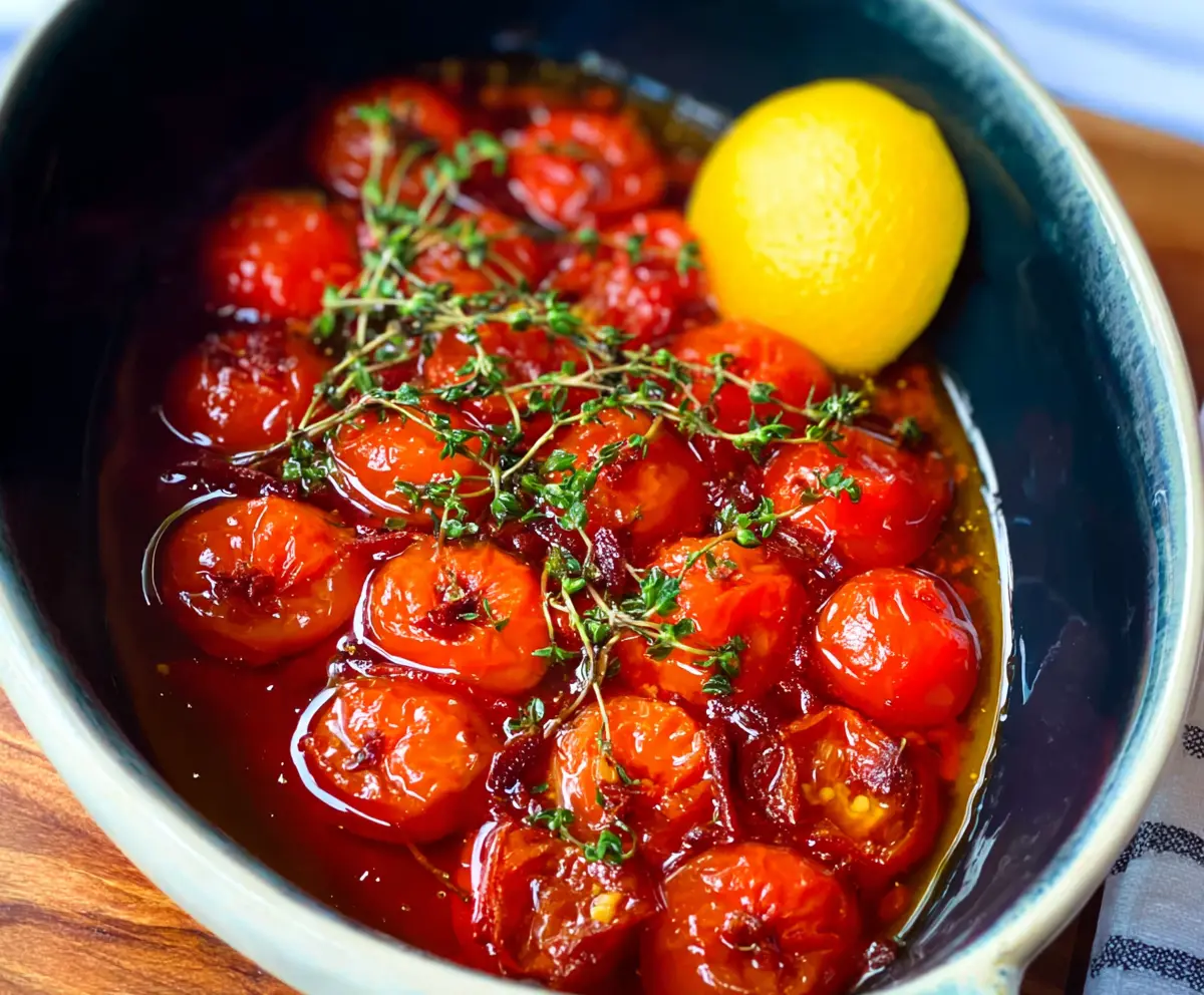 Delicious homemade Tomato Confit with caramelized garlic and herbs in a glass jar.