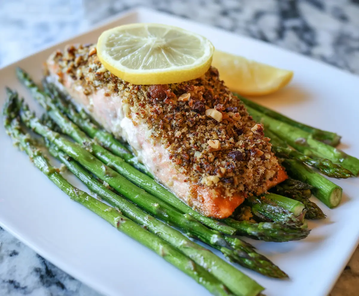 Delicious walnut crusted salmon fillet garnished with fresh herbs, served on a white plate.