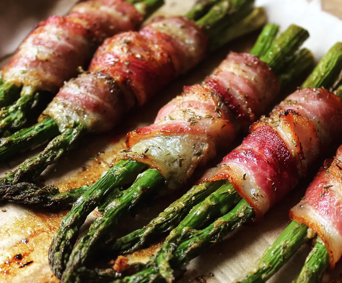 Whole30 bacon wrapped asparagus appetizer with crispy bacon and fresh asparagus spears