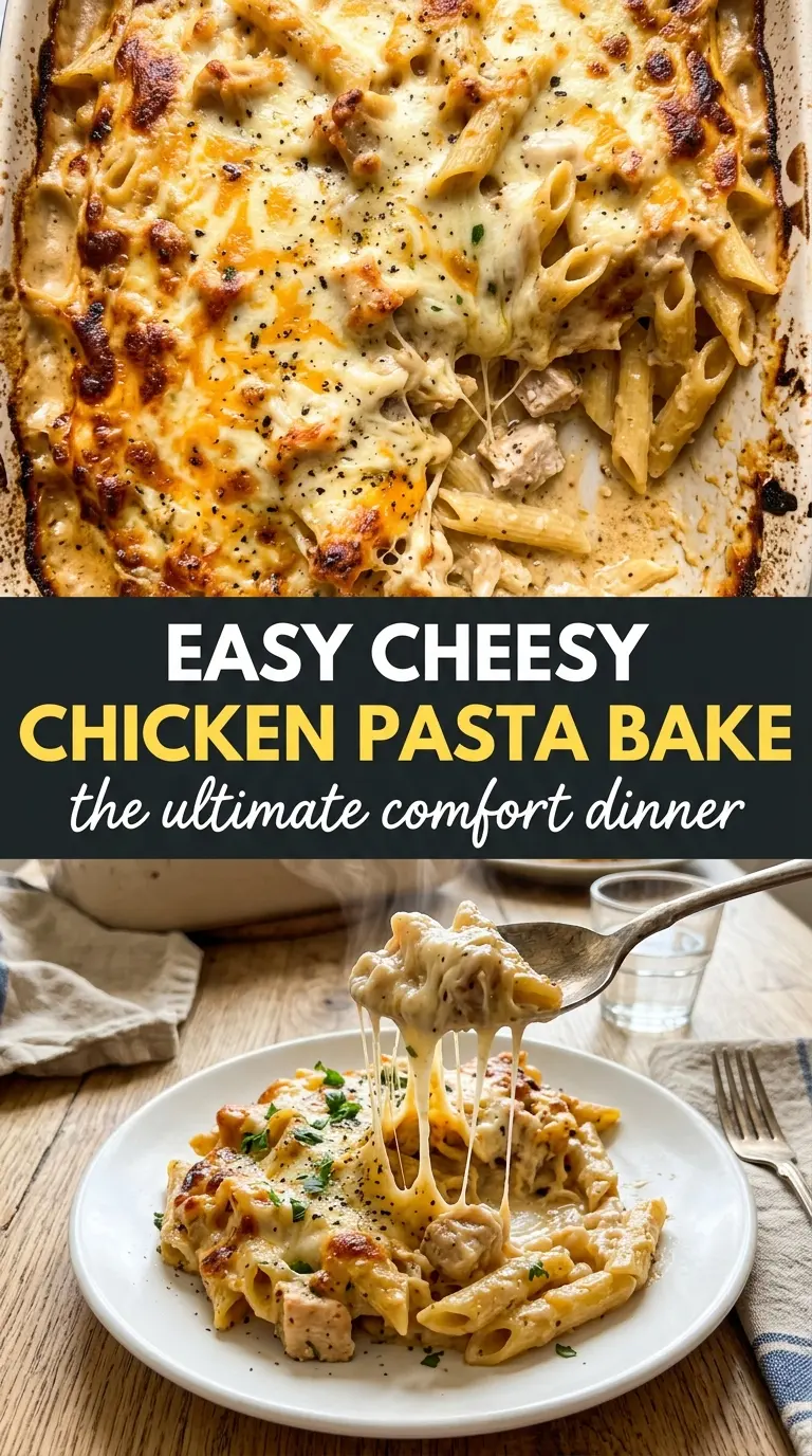 Creamy Garlic Parmesan Heavy Cream Chicken Pasta Bake, cheesy, comforting, baked