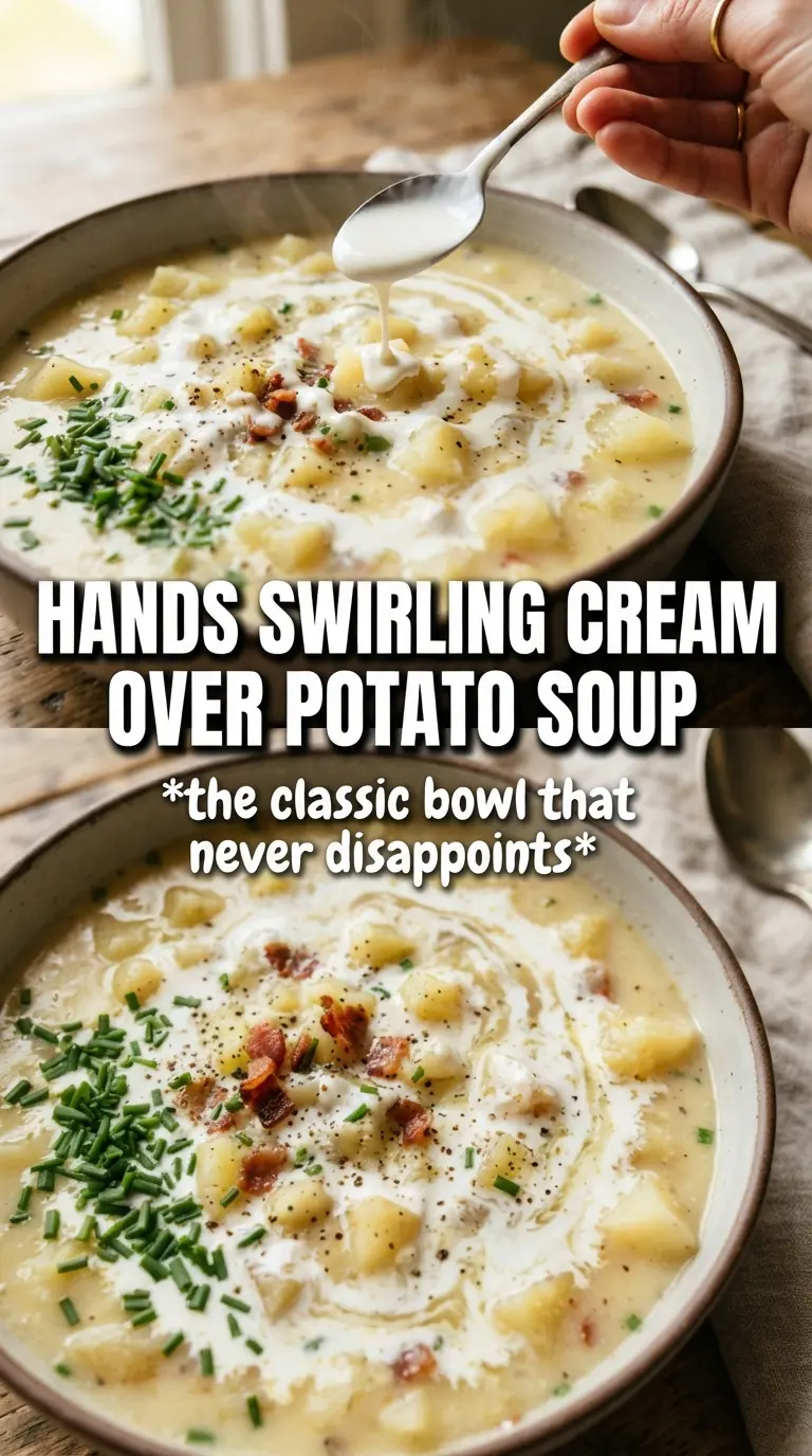 Creamy potato soup with bacon, chives, and cheddar