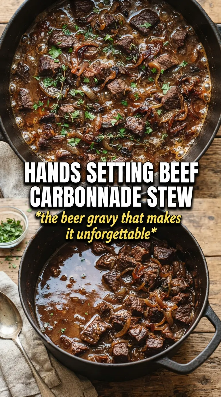 Beef Carbonnade Stew with caramelized onions, malty beer, rustic bread