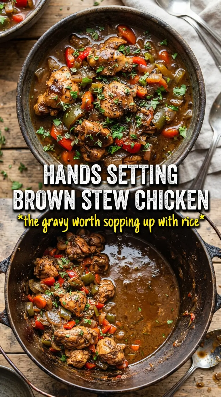 Brown Stew Chicken deep mahogany, Jamaican spiced, fall-apart