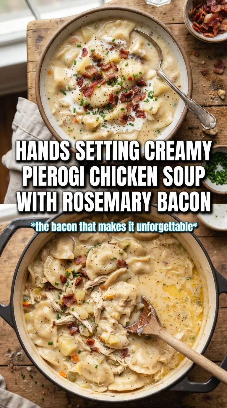 Creamy Pierogi Chicken Soup With Rosemary Bacon, creamy, hearty, comforting