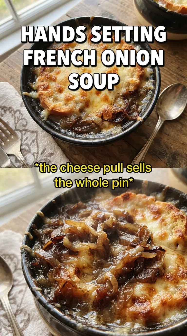 French Onion Soup, cheesy, caramelized, brothy